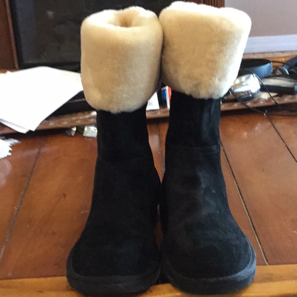 UGG Black Suede Boots with Cream Shearling Cuff
